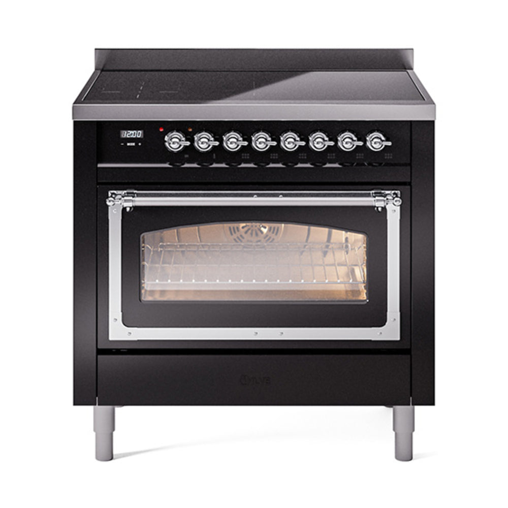 ILVE Nostalgie II Noblesse 36-Inch Induction Range, Triple Glass Door Oven, Glossy Black with Chrome Trim (UNI366NMPBKC)