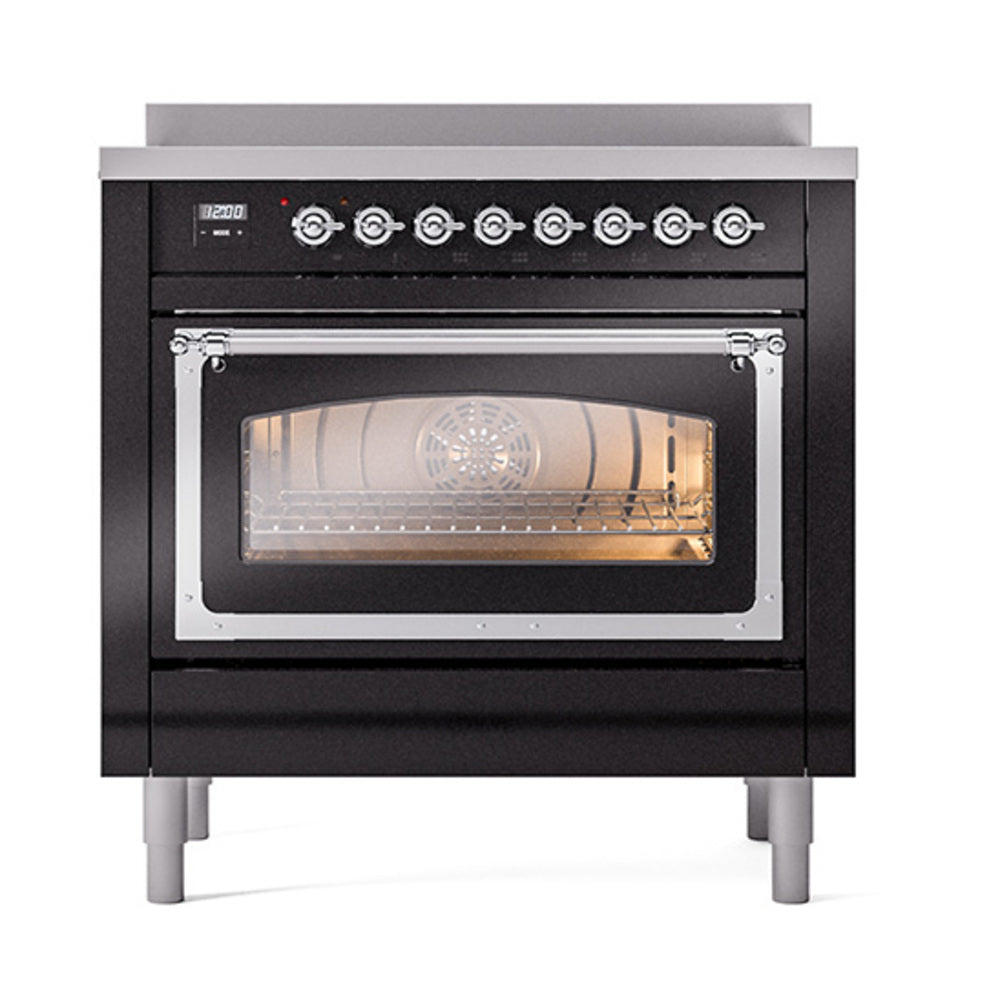 ILVE Nostalgie II Noblesse 36-Inch Induction Range, Triple Glass Door Oven, Glossy Black with Chrome Trim (UNI366NMPBKC)