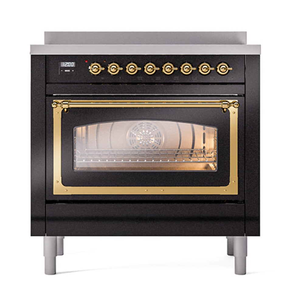 ILVE Nostalgie II Noblesse 36-Inch Induction Range, Triple Glass Door Oven, Glossy Black with Brass Trim (UNI366NMPBKG)
