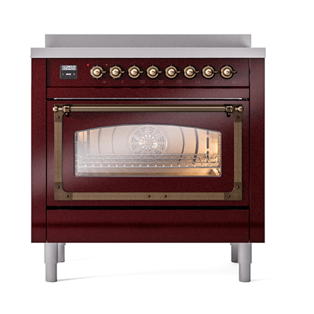 ILVE Nostalgie II Noblesse 36-Inch Induction Range, Triple Glass Door Oven, Burgundy with Burnished Bronze Trim (UNI366NMPBUB)