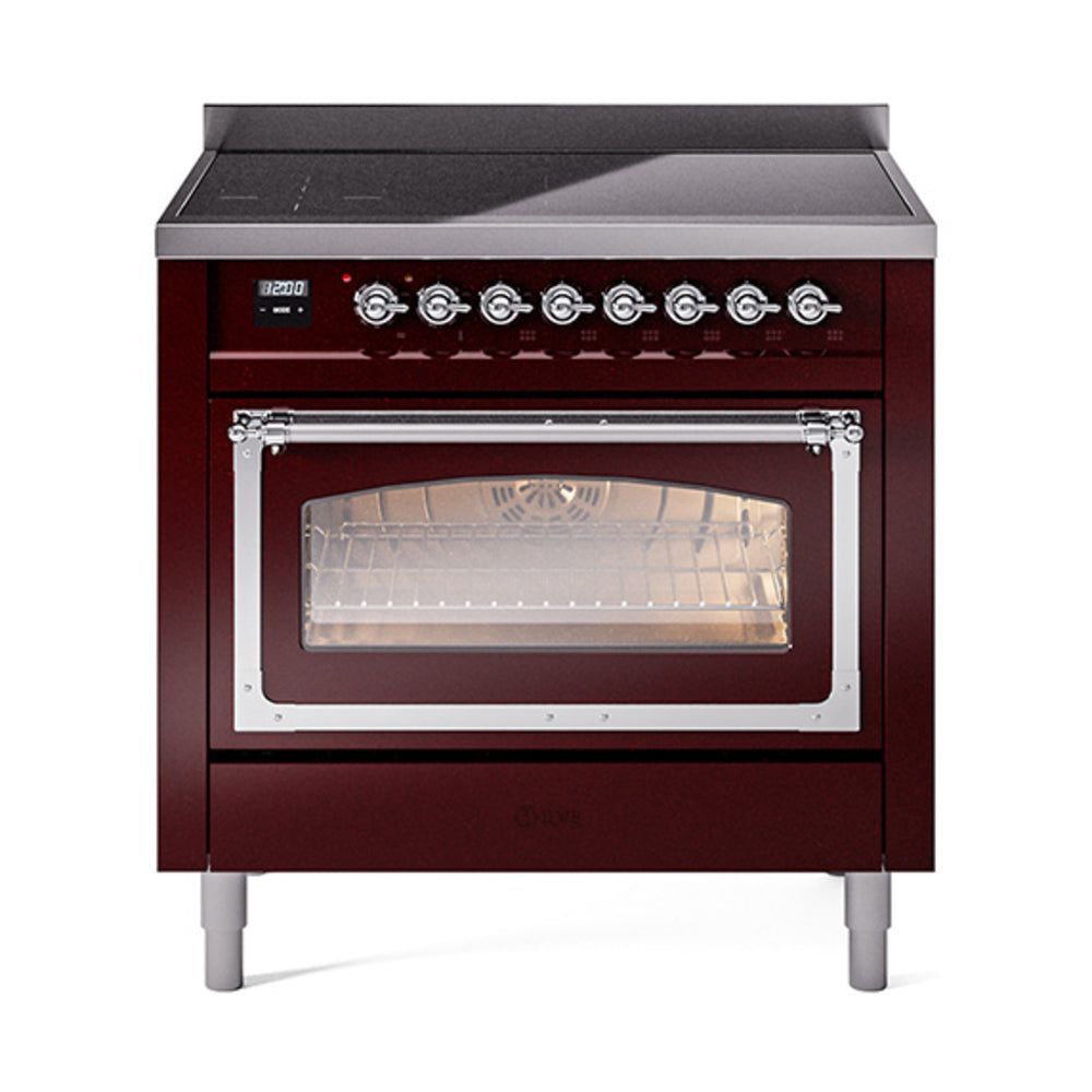 ILVE Nostalgie II Noblesse 36-Inch Induction Range, Triple Glass Door Oven, Burgundy with Chrome Trim (UNI366NMPBUC)
