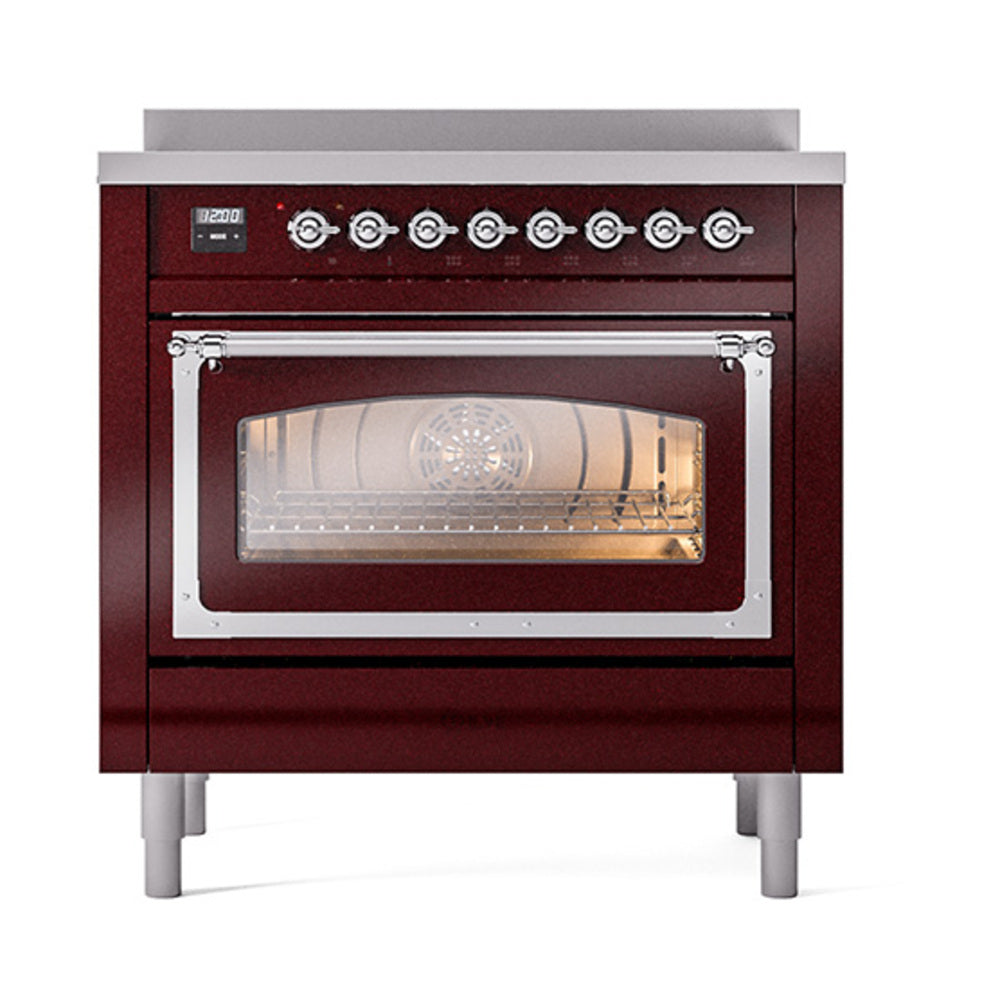 ILVE Nostalgie II Noblesse 36-Inch Induction Range, Triple Glass Door Oven, Burgundy with Chrome Trim (UNI366NMPBUC)