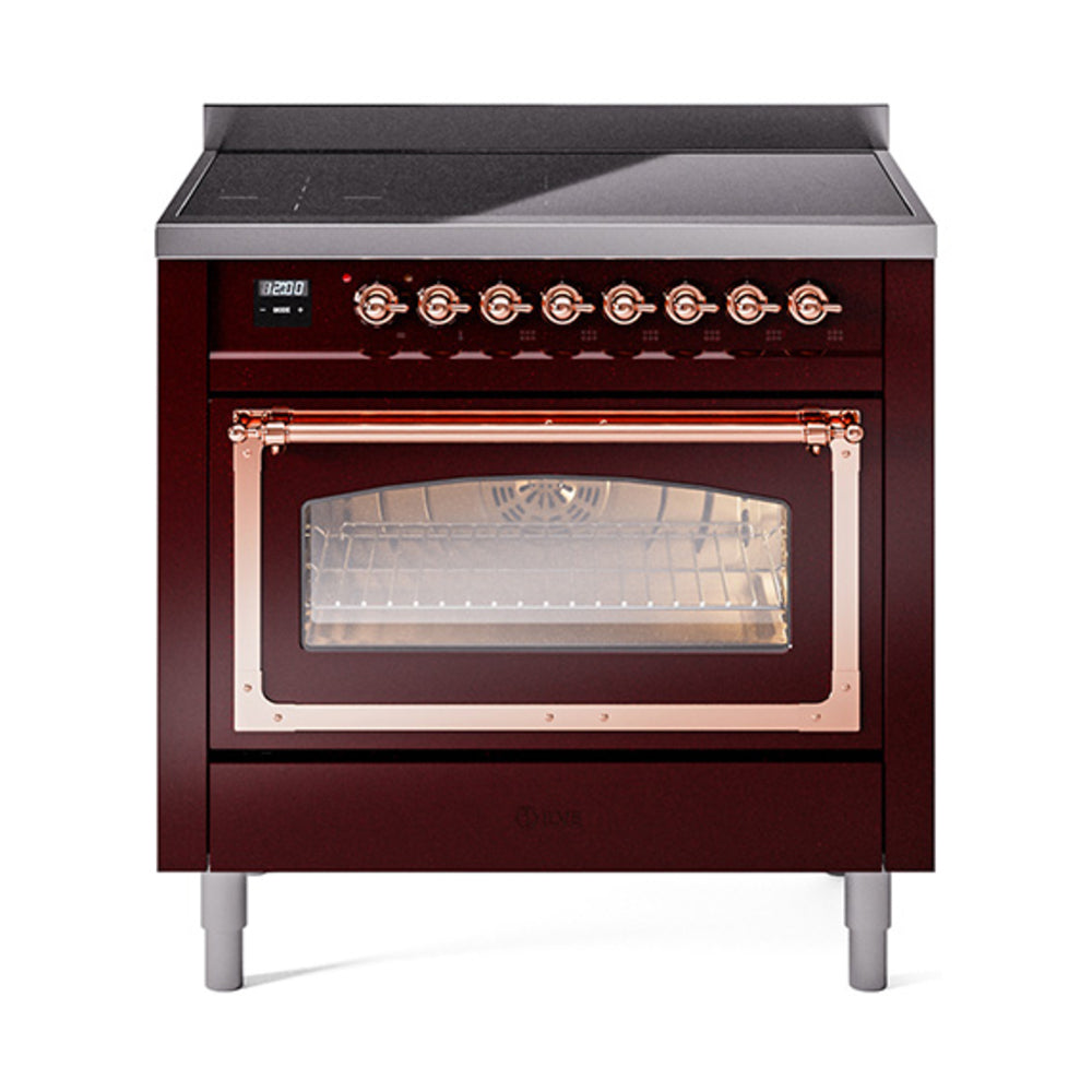 ILVE Nostalgie II Noblesse 36-Inch Induction Range, Triple Glass Door Oven, Burgundy with Copper Trim (UNI366NMPBUP)