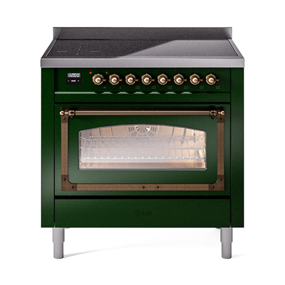ILVE Nostalgie II Noblesse 36-Inch Induction Range, Triple Glass Door Oven, Emerald Green with Burnished Bronze Trim (UNI366NMPEGB)