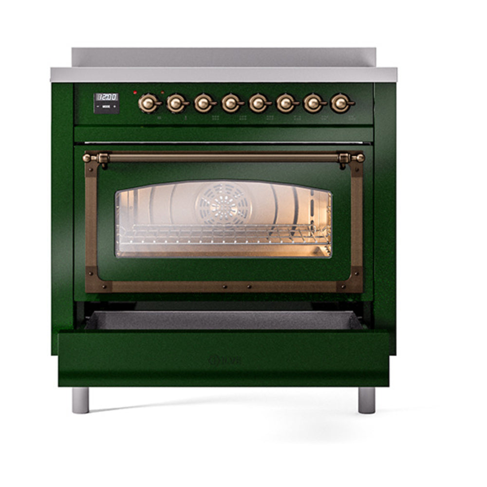 ILVE Nostalgie II Noblesse 36-Inch Induction Range, Triple Glass Door Oven, Emerald Green with Burnished Bronze Trim (UNI366NMPEGB)