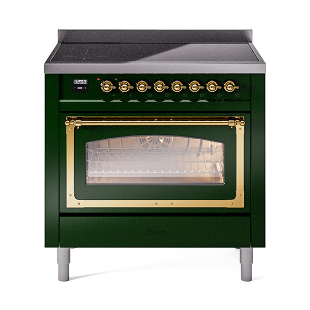 ILVE Nostalgie II Noblesse 36-Inch Induction Range, Triple Glass Door Oven, Emerald Green with Brass Trim (UNI366NMPEGG)
