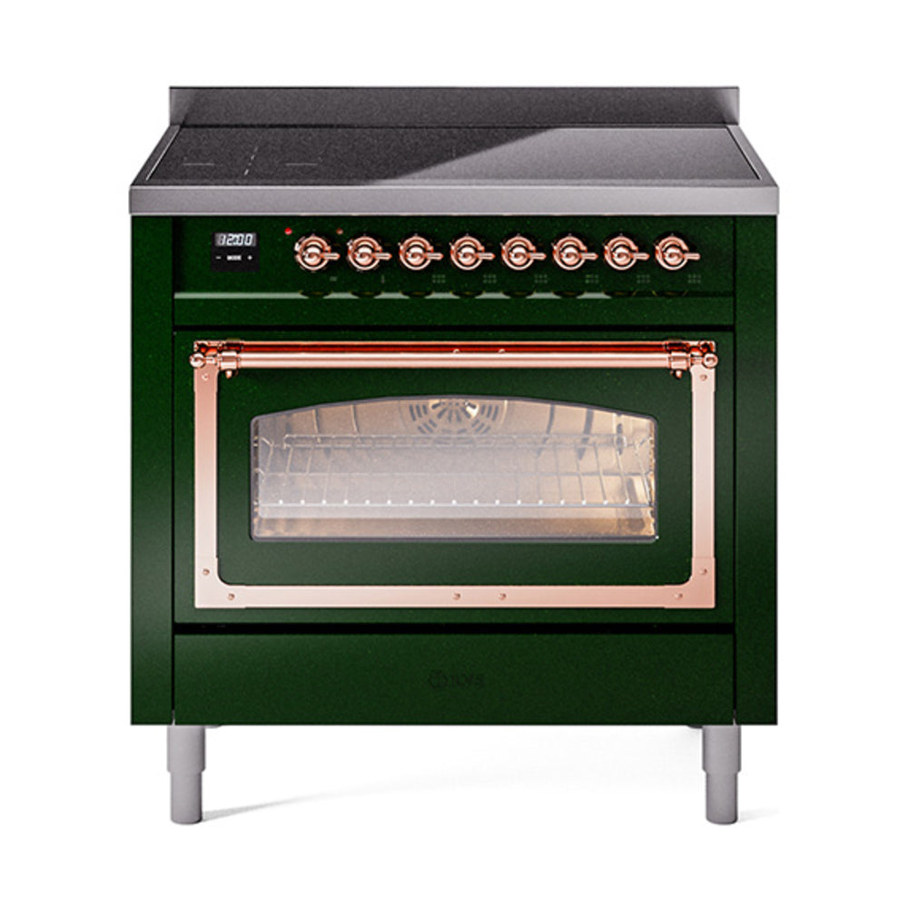 ILVE Nostalgie II Noblesse 36-Inch Induction Range, Triple Glass Door Oven, Emerald Green with Copper Trim (UNI366NMPEGP)