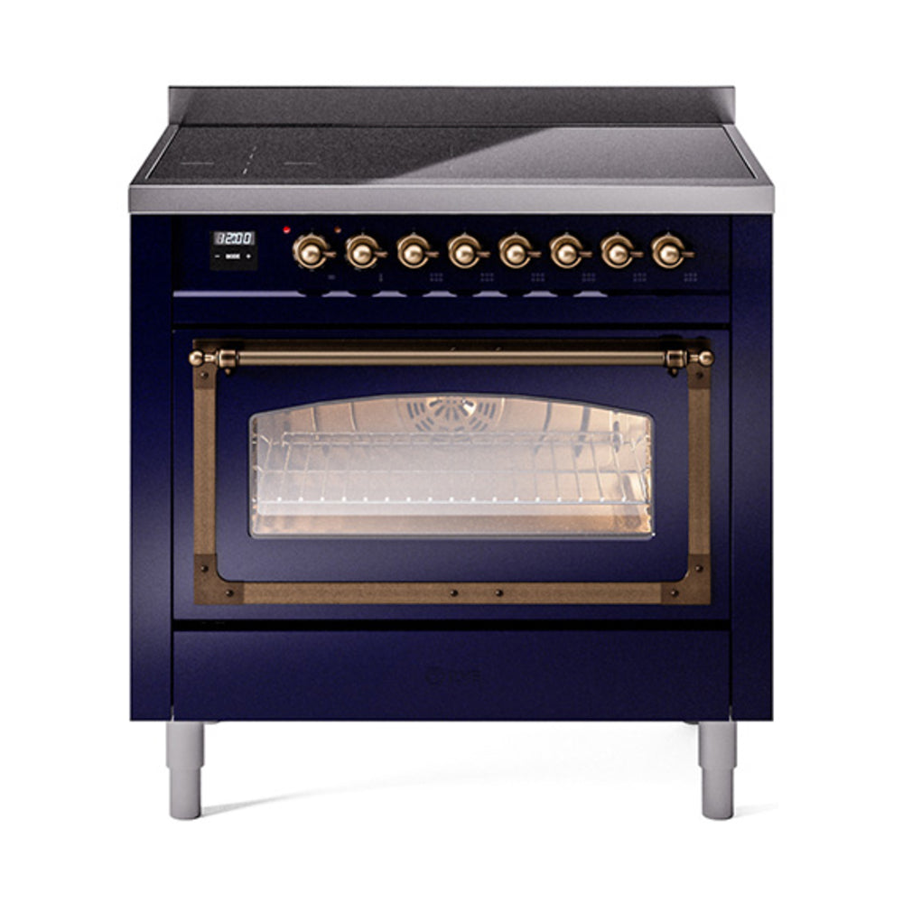 ILVE Nostalgie II Noblesse 36-Inch Induction Range, Triple Glass Door Oven, Midnight Blue with Burnished Bronze Trim (UNI366NMPMBB)