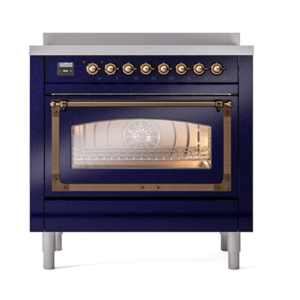 ILVE Nostalgie II Noblesse 36-Inch Induction Range, Triple Glass Door Oven, Midnight Blue with Burnished Bronze Trim (UNI366NMPMBB)