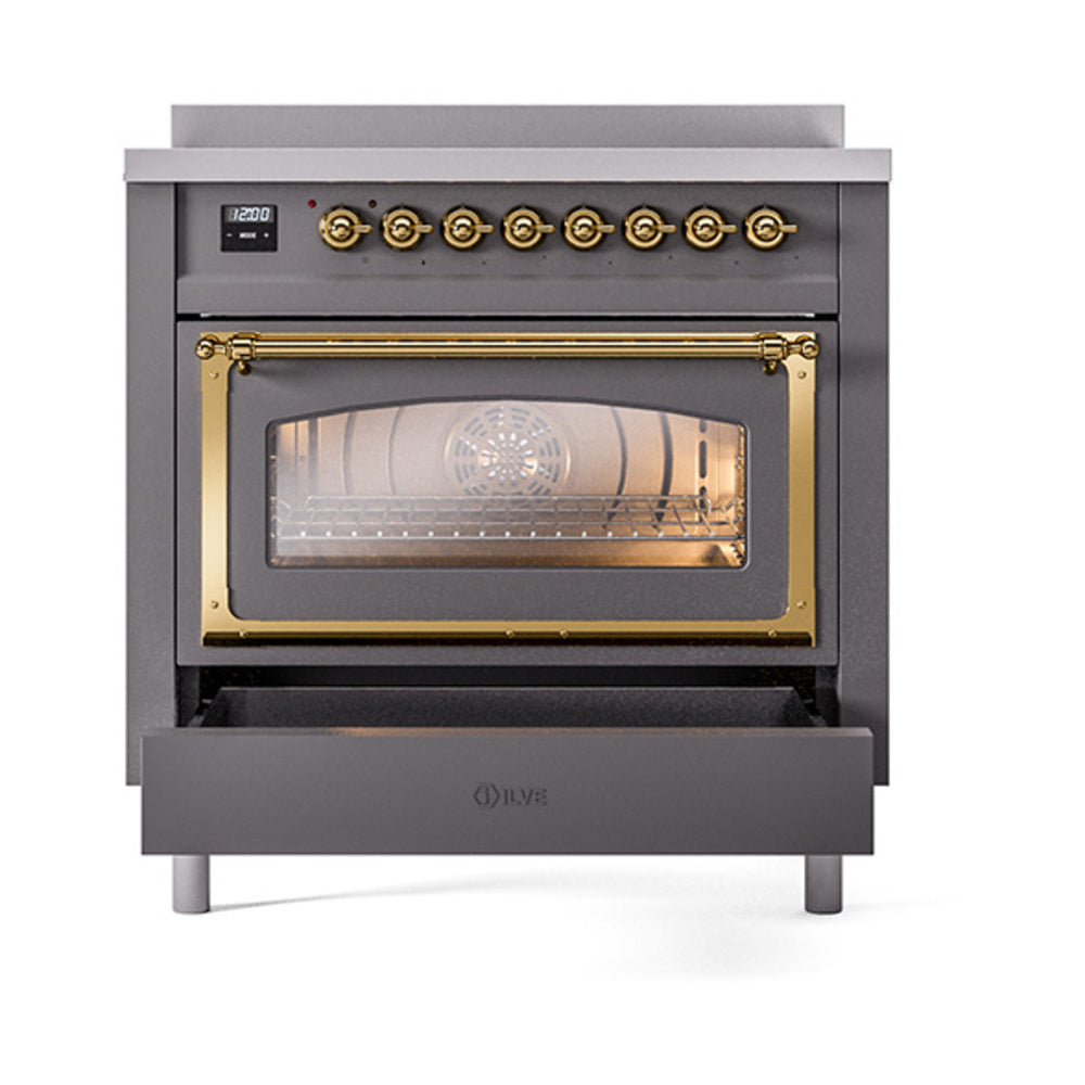 ILVE Nostalgie II Noblesse 36-Inch Induction Range with Triple Glass Door in Matte Graphite with Brass Trim (UNI366NMPMGG)