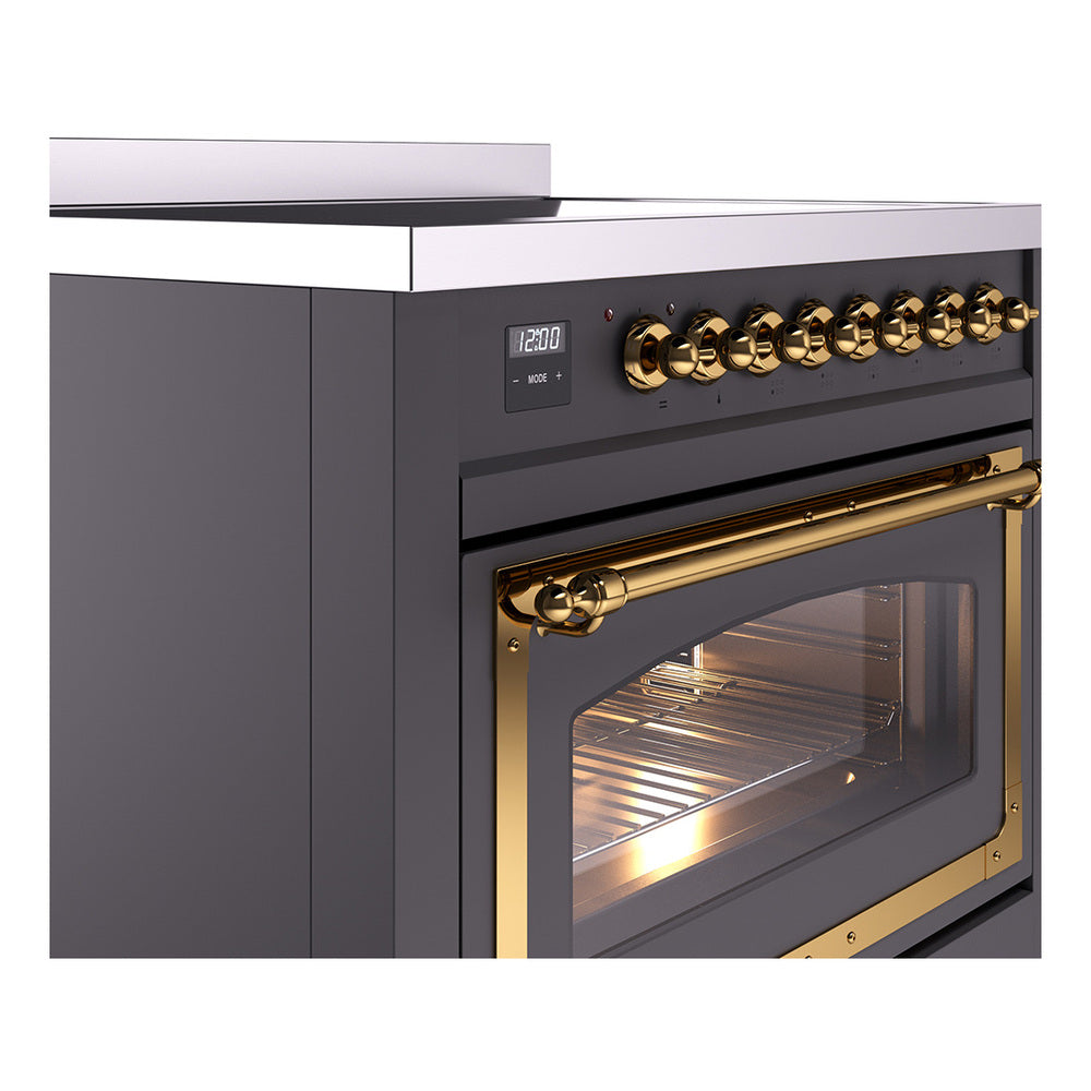 ILVE Nostalgie II Noblesse 36-Inch Induction Range with Triple Glass Door in Matte Graphite with Brass Trim (UNI366NMPMGG)
