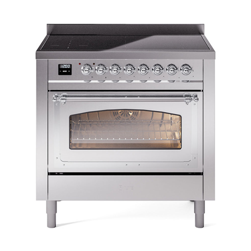 ILVE Nostalgie II Noblesse 36-Inch Induction Range, Triple Glass Door Oven, Stainless Steel with Chrome Trim (UNI366NMPSSC)