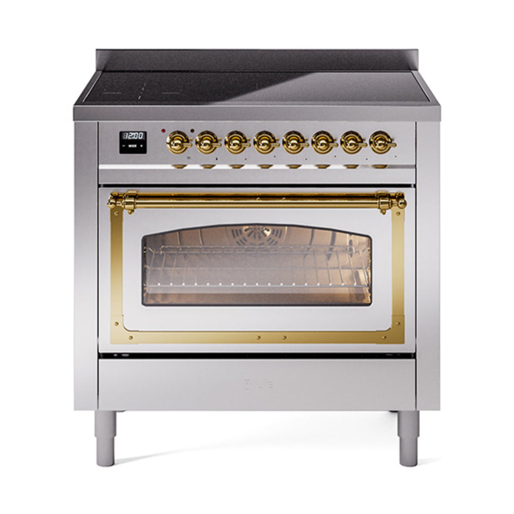 ILVE Nostalgie II Noblesse 36-Inch Induction Range, Triple Glass Door Oven, Stainless Steel with Brass Trim (UNI366NMPSSG)