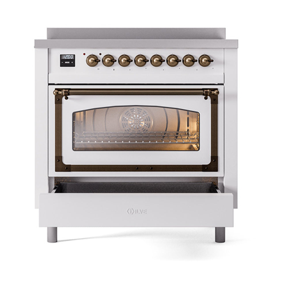 ILVE Nostalgie II Noblesse 36-Inch Induction Range with Triple Glass Door in White with Burnished Bronze Trim (UNI366NMPWHB)