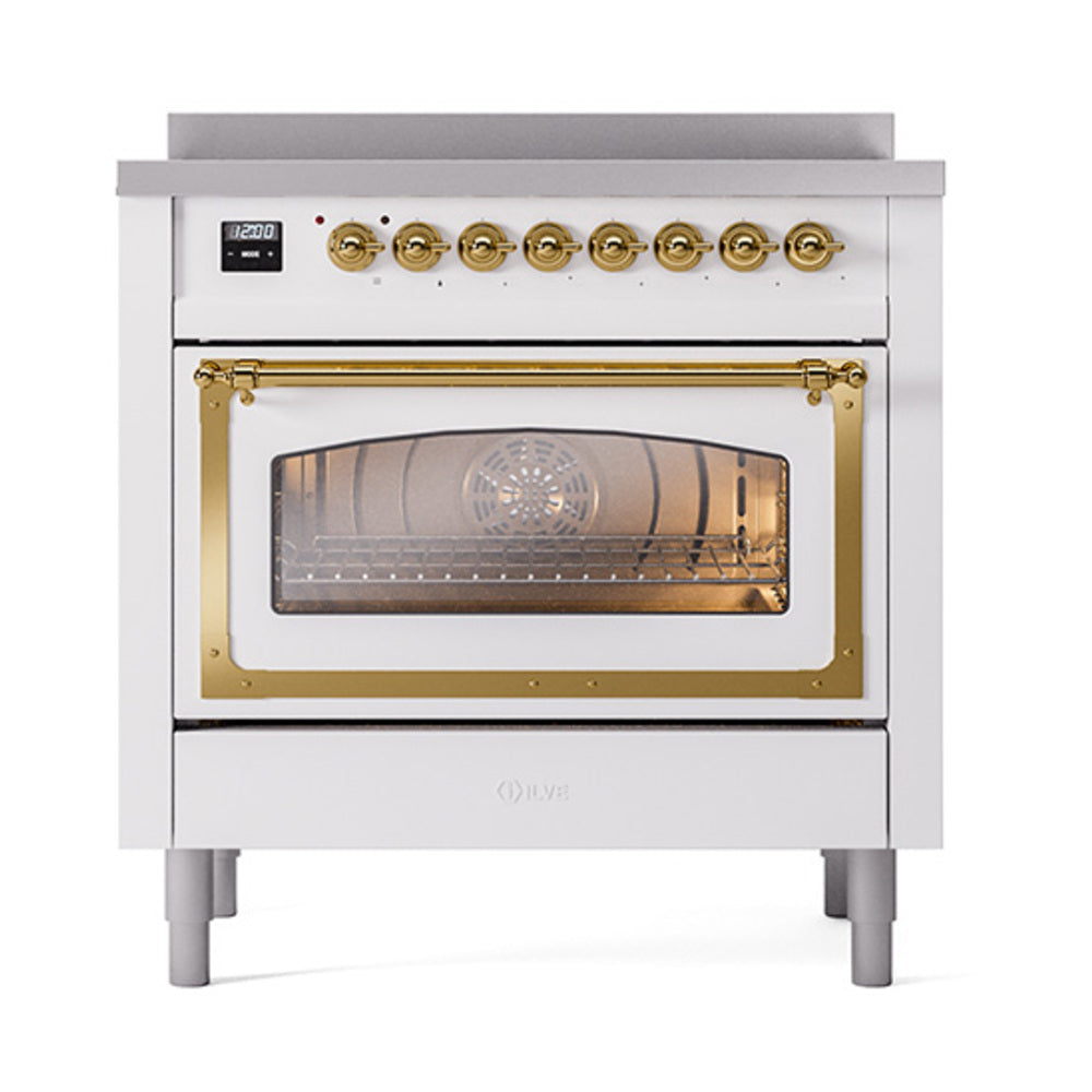 ILVE Nostalgie II Noblesse 36-Inch Induction Range, Triple Glass Door Oven, White with Brass Trim (UNI366NMPWHG)