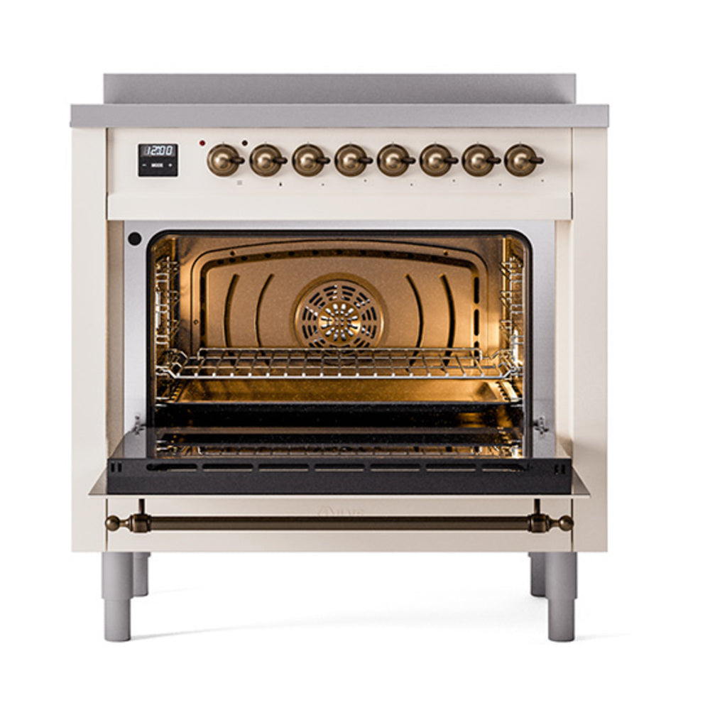 ILVE Nostalgie II Noblesse 36-Inch Induction Range, Solid Door Oven, Antique White with Burnished Bronze Trim (UNI366QNMPAWB)