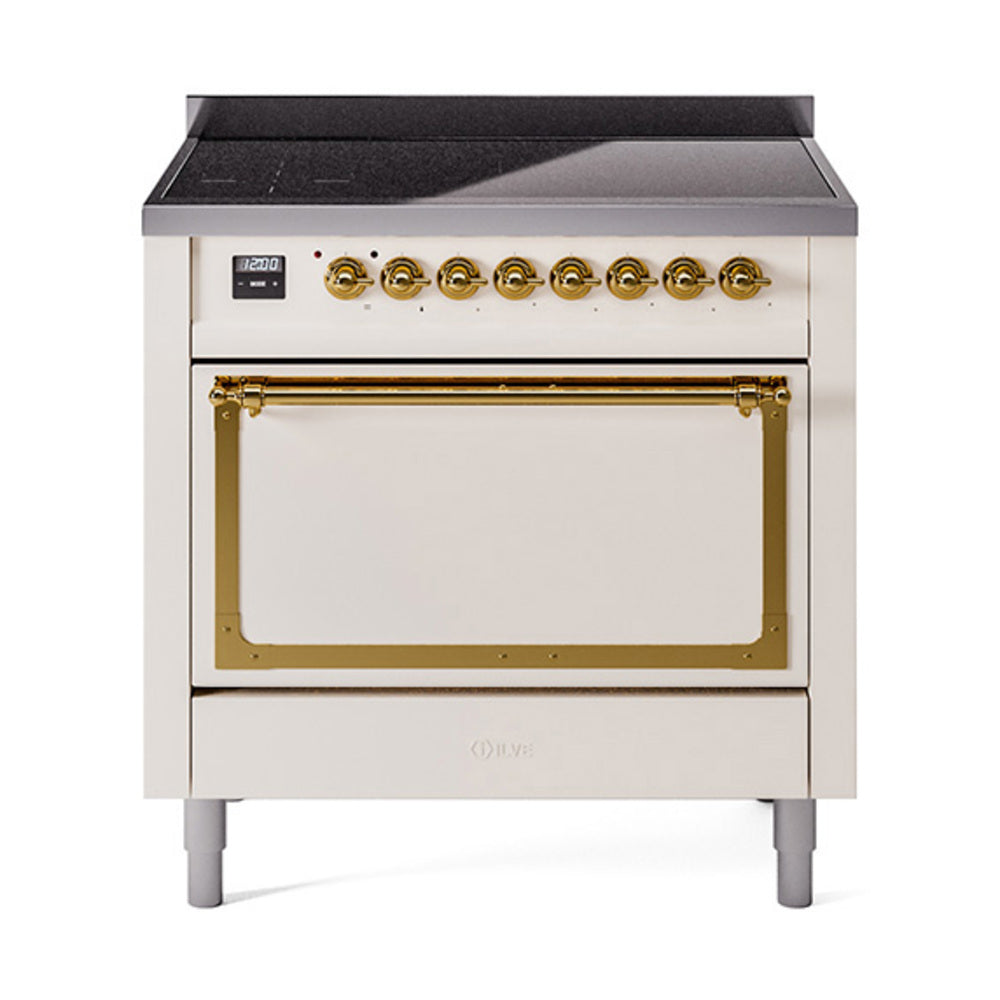 ILVE Nostalgie II Noblesse 36-Inch Induction Range, Solid Door Oven, Antique White with Brass Trim (UNI366QNMPAWG)