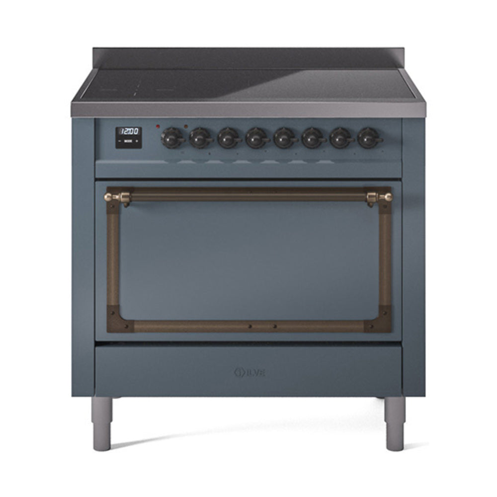 ILVE Nostalgie II Noblesse 36-Inch Induction Range, Solid Door Oven, Blue Grey with Burnished Bronze Trim (UNI366QNMPBGB)