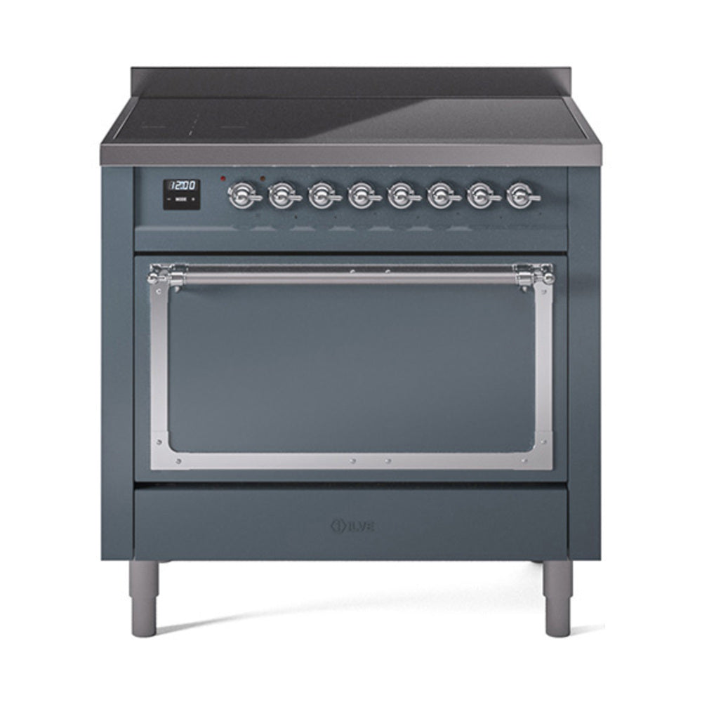 ILVE Nostalgie II Noblesse 36-Inch Induction Range, Solid Door Oven, Blue Grey with Chrome Trim (UNI366QNMPBGC)