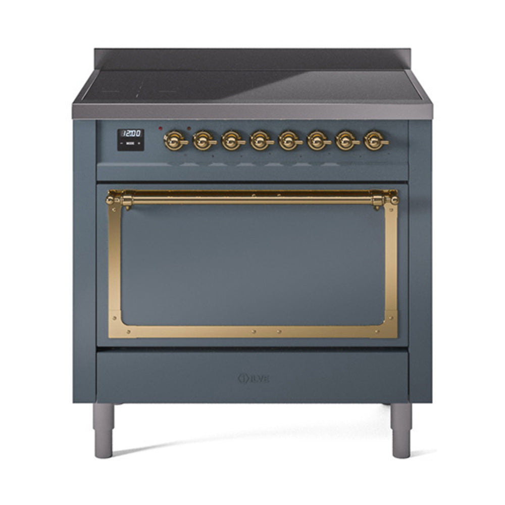 ILVE Nostalgie II Noblesse 36-Inch Induction Range, Solid Door Oven, Blue Grey with Brass Trim (UNI366QNMPBGG)