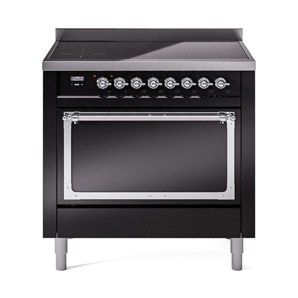 ILVE Nostalgie II Noblesse 36-Inch Induction Range, Solid Door Oven, Glossy Black with Chrome Trim (UNI366QNMPBKC)