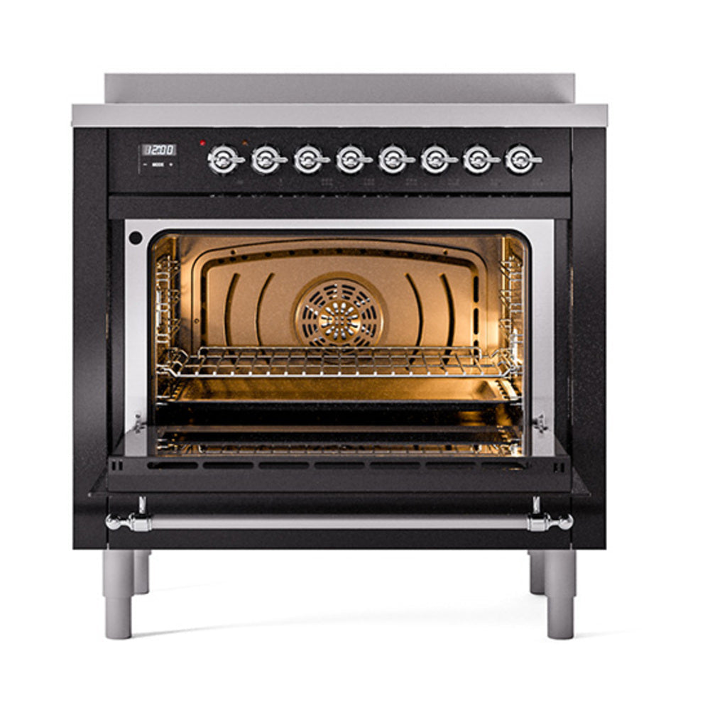 ILVE Nostalgie II Noblesse 36-Inch Induction Range, Solid Door Oven, Glossy Black with Chrome Trim (UNI366QNMPBKC)