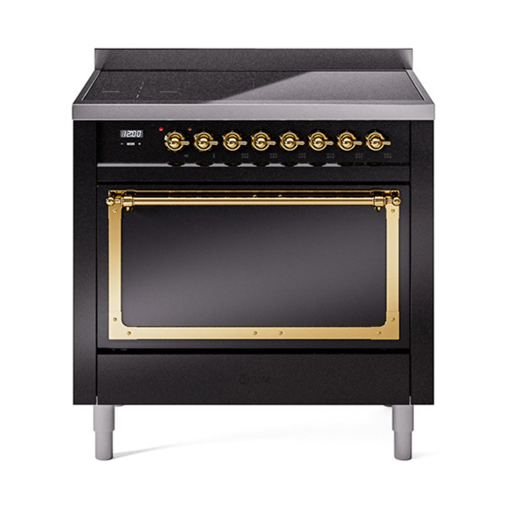 ILVE Nostalgie II Noblesse 36-Inch Induction Range, Solid Door Oven, Glossy Black with Brass Trim (UNI366QNMPBKG)