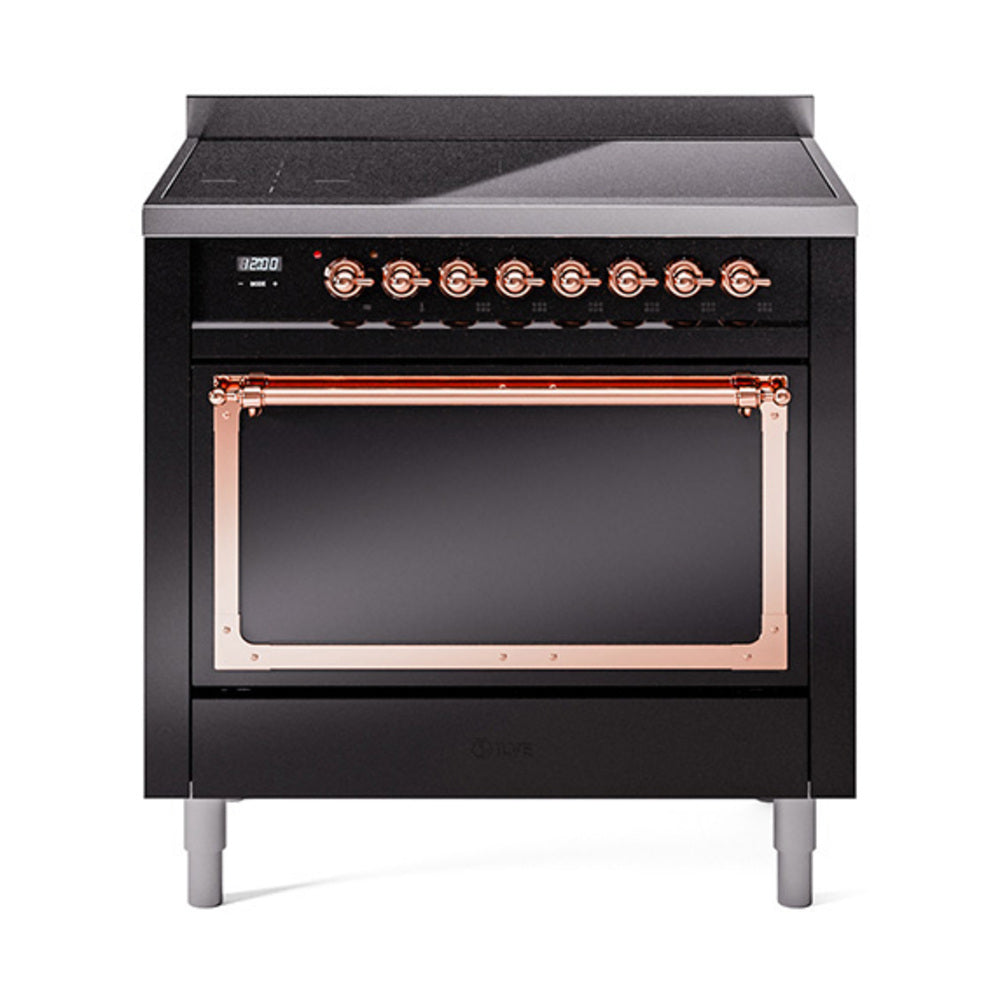 ILVE Nostalgie II Noblesse 36-Inch Induction Range, Solid Door Oven, Glossy Black with Copper Trim (UNI366QNMPBKP)