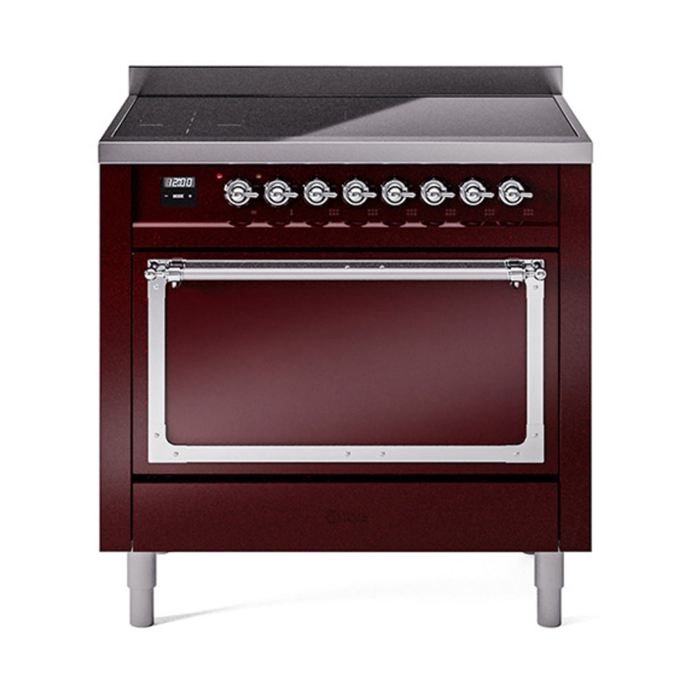 ILVE Nostalgie II Noblesse 36-Inch Induction Range, Solid Door Oven, Burgundy with Chrome Trim (UNI366QNMPBUC)