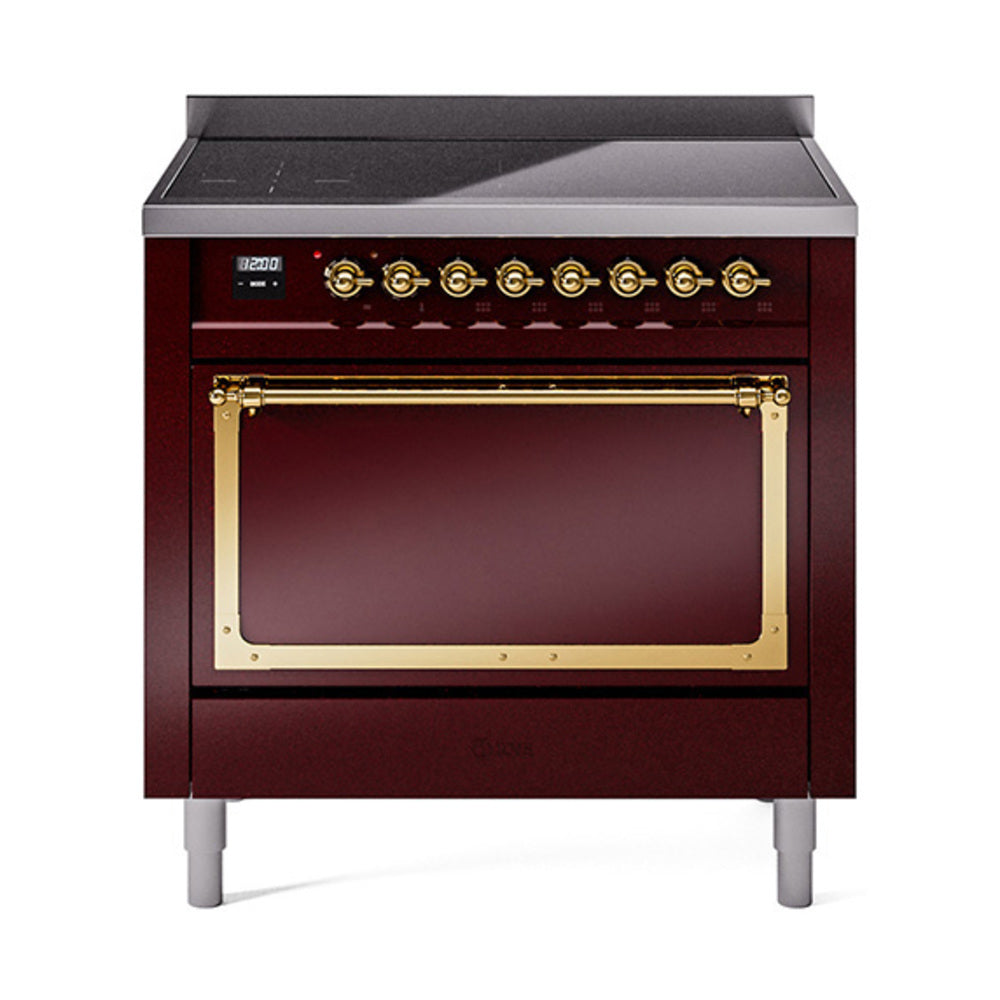 ILVE Nostalgie II Noblesse 36-Inch Induction Range, Solid Door Oven, Burgundy with Brass Trim (UNI366QNMPBUG)