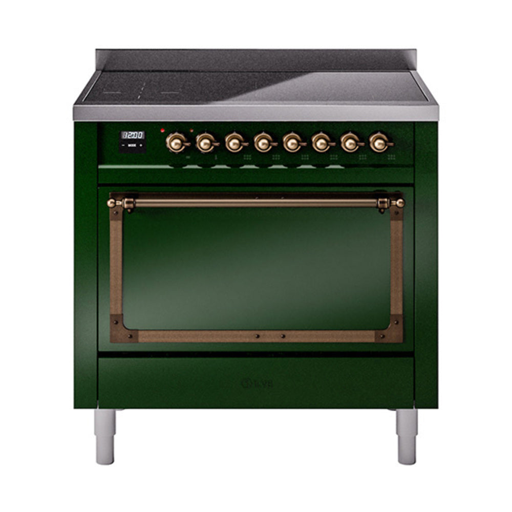 ILVE Nostalgie II Noblesse 36-Inch Induction Range, Solid Door Oven, Emerald Green with Burnished Bronze Trim (UNI366QNMPEGB)