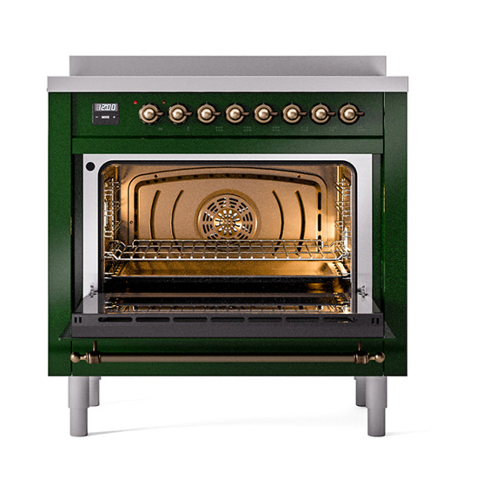 ILVE Nostalgie II Noblesse 36-Inch Induction Range, Solid Door Oven, Emerald Green with Burnished Bronze Trim (UNI366QNMPEGB)