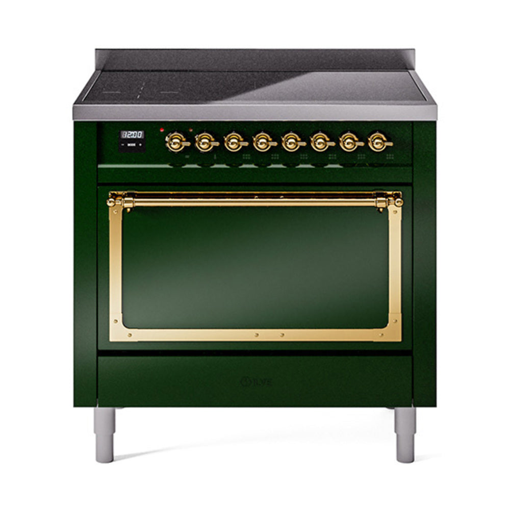 ILVE Nostalgie II Noblesse 36-Inch Induction Range, Solid Door Oven, Emerald Green with Brass Trim (UNI366QNMPEGG)