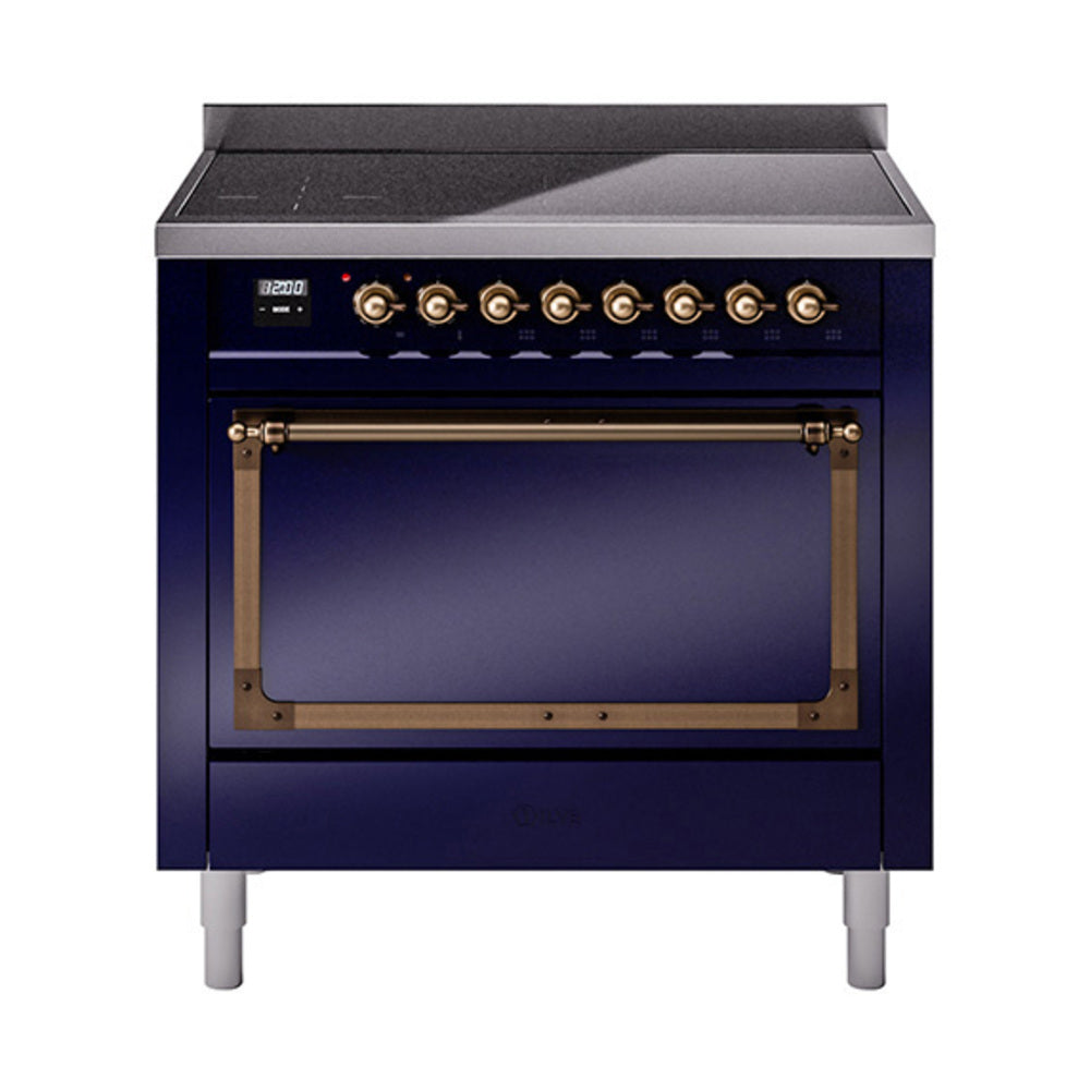 ILVE Nostalgie II Noblesse 36-Inch Induction Range, Solid Door Oven, Midnight Blue with Burnished Bronze Trim (UNI366QNMPMBB)