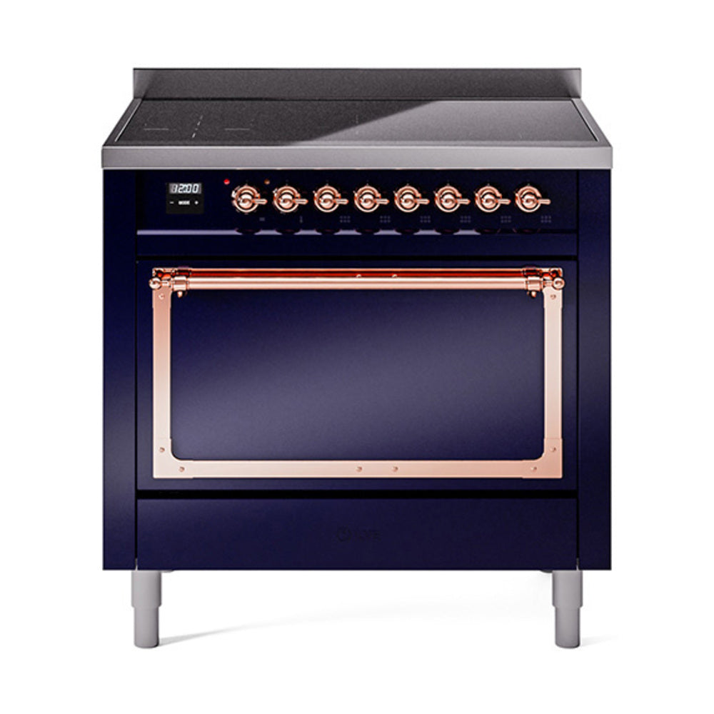 ILVE Nostalgie II Noblesse 36-Inch Induction Range, Solid Door Oven, Midnight Blue with Copper Trim (UNI366QNMPMBP)