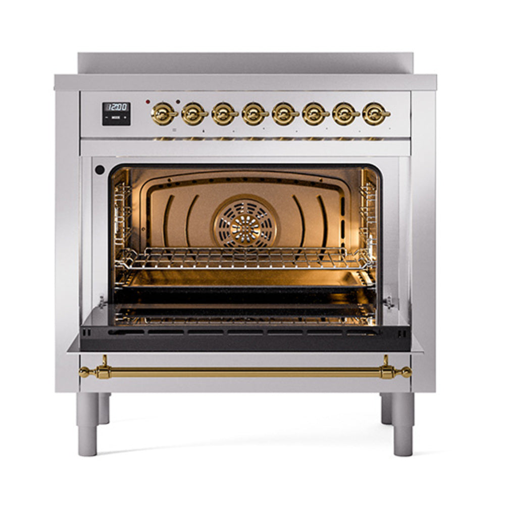 ILVE Nostalgie II Noblesse 36-Inch Induction Range, Solid Door Oven, Stainless Steel with Brass Trim (UNI366QNMPSSG)