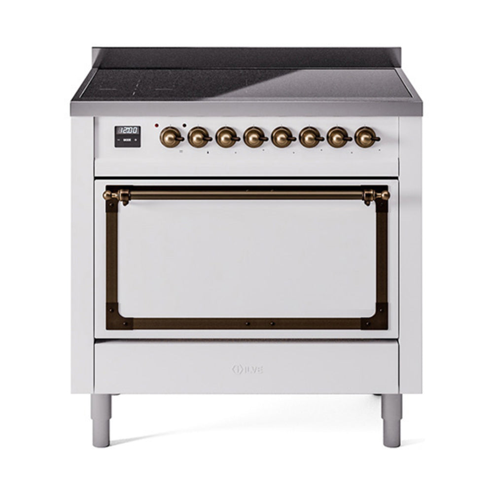 ILVE Nostalgie II Noblesse 36-Inch Induction Range, Solid Door Oven, White with Burnished Bronze Trim (UNI366QNMPWHB)