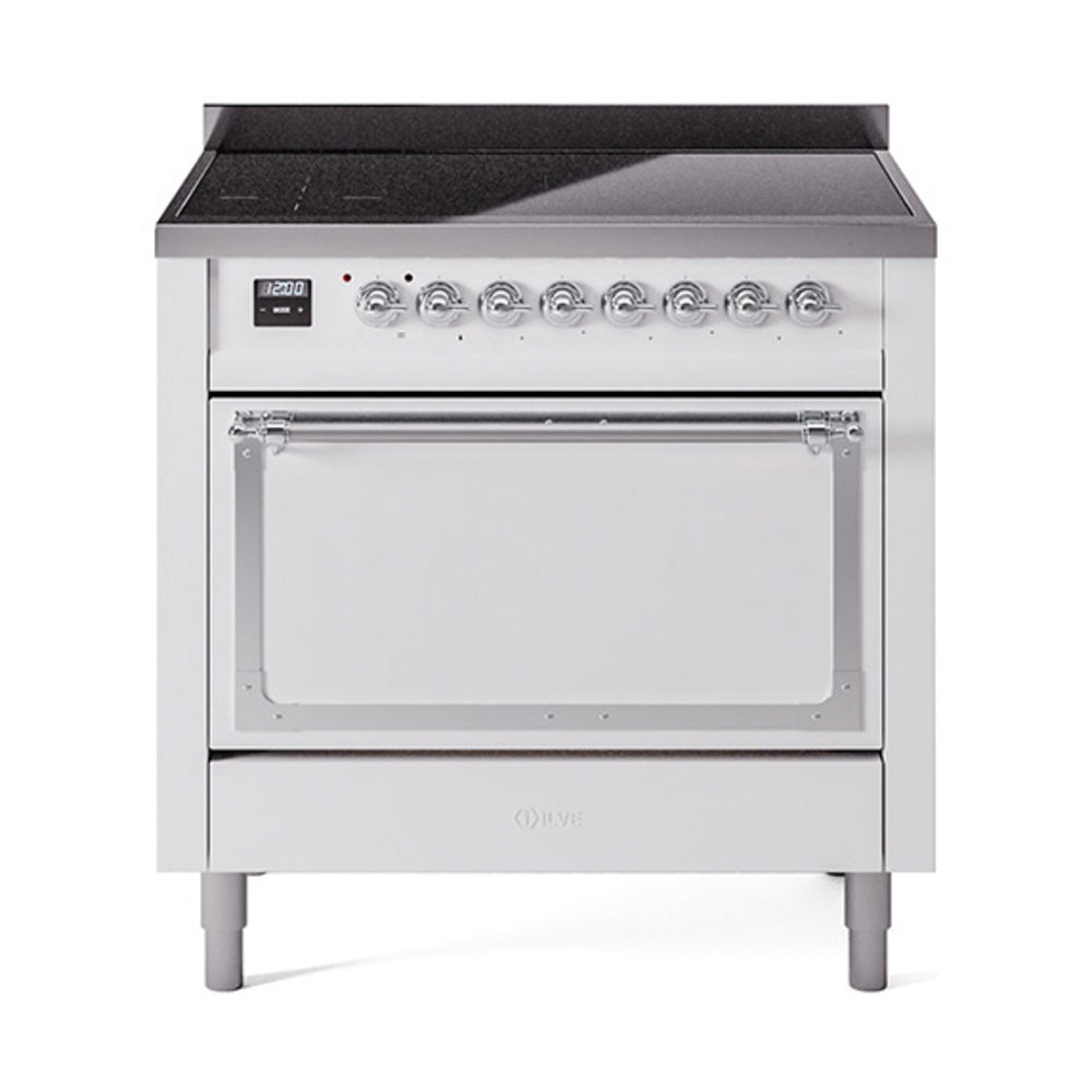 ILVE Nostalgie II Noblesse 36-Inch Induction Range, Solid Door Oven, White with Chrome Trim (UNI366QNMPWHC)