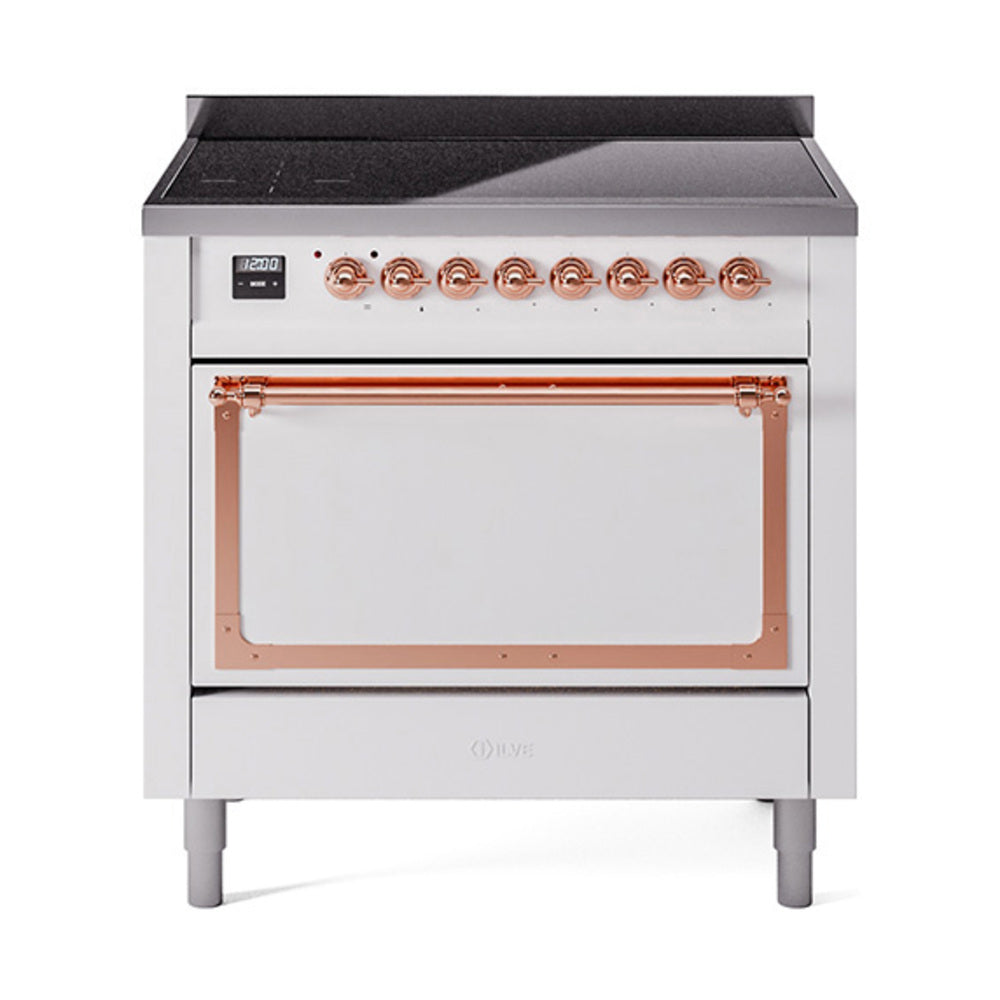 ILVE Nostalgie II Noblesse 36-Inch Induction Range, Solid Door Oven, White with Copper Trim (UNI366QNMPWHP)