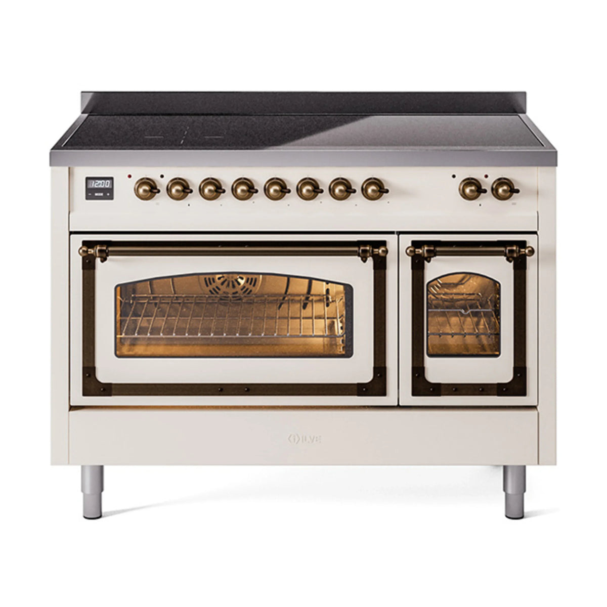 ILVE Nostalgie II Noblesse 48-Inch Induction Range, Triple Glass Door, Antique White with Burnished Bronze Trim (UNI486NMPAWB)