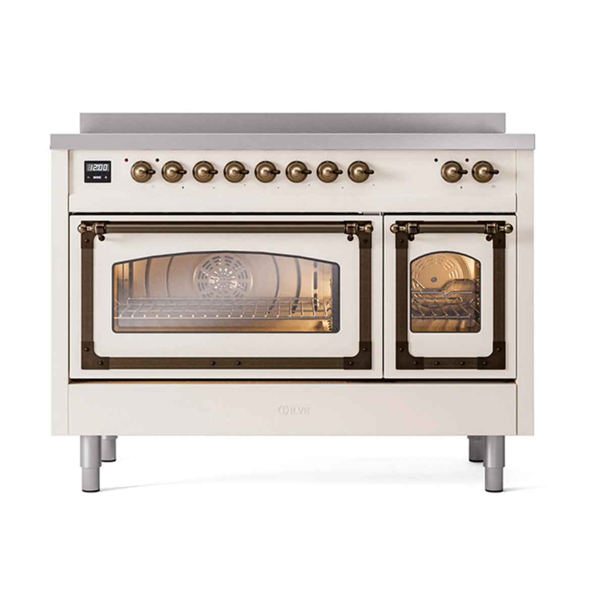 ILVE Nostalgie II Noblesse 48-Inch Induction Range, Triple Glass Door, Antique White with Burnished Bronze Trim (UNI486NMPAWB)