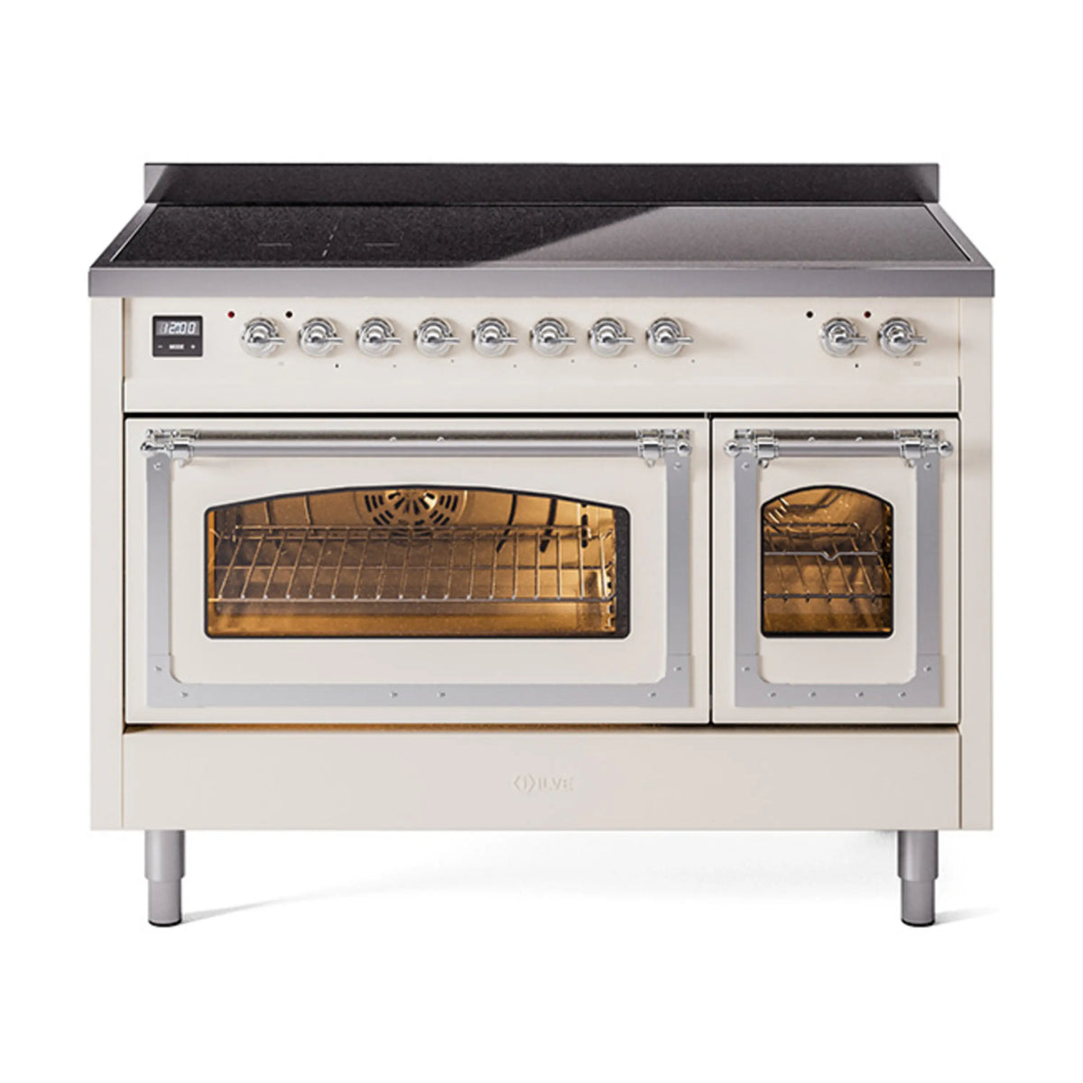 ILVE Nostalgie II Noblesse 48-Inch Induction Range, Triple Glass Door, Antique White with Chrome Trim (UNI486NMPAWC)