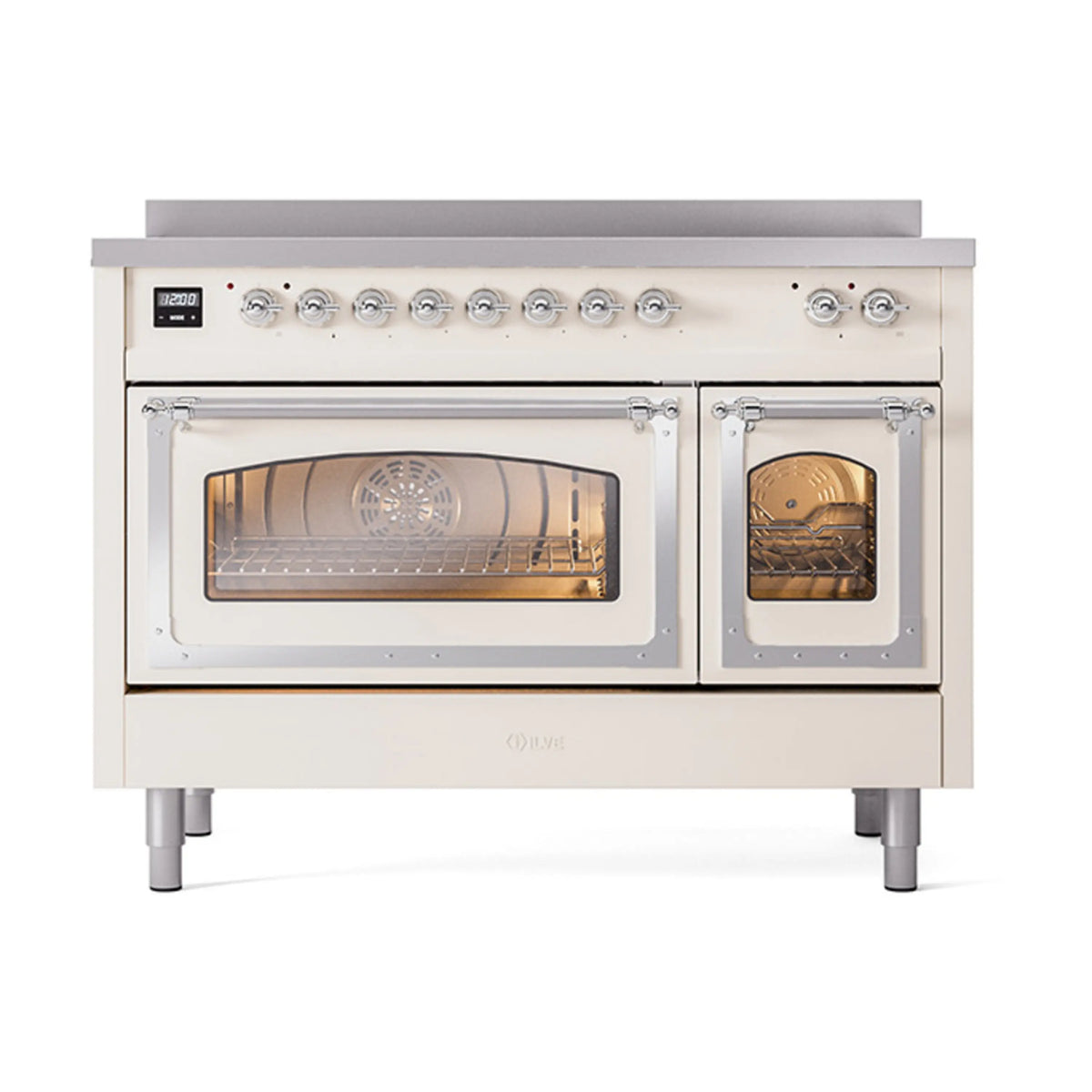 ILVE Nostalgie II Noblesse 48-Inch Induction Range, Triple Glass Door, Antique White with Chrome Trim (UNI486NMPAWC)
