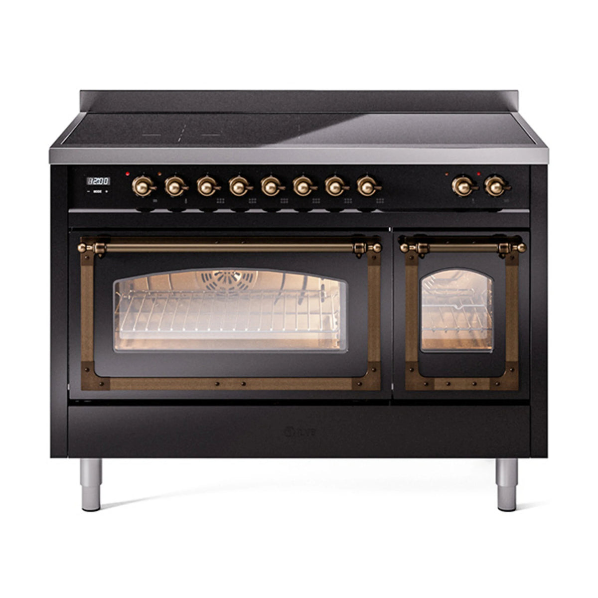 ILVE Nostalgie II Noblesse 48-Inch Induction Range, Triple Glass Door, Glossy Black with Burnished Bronze Trim (UNI486NMPBKB)