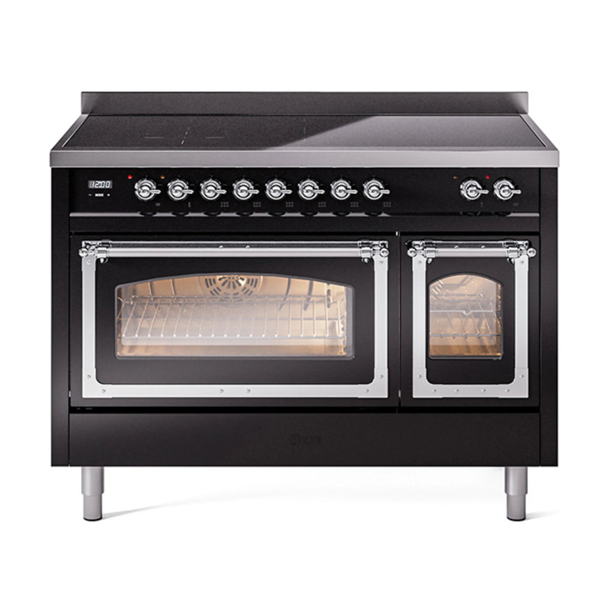 ILVE Nostalgie II Noblesse 48-Inch Induction Range, Triple Glass Door, Glossy Black with Chrome Trim (UNI486NMPBKC)