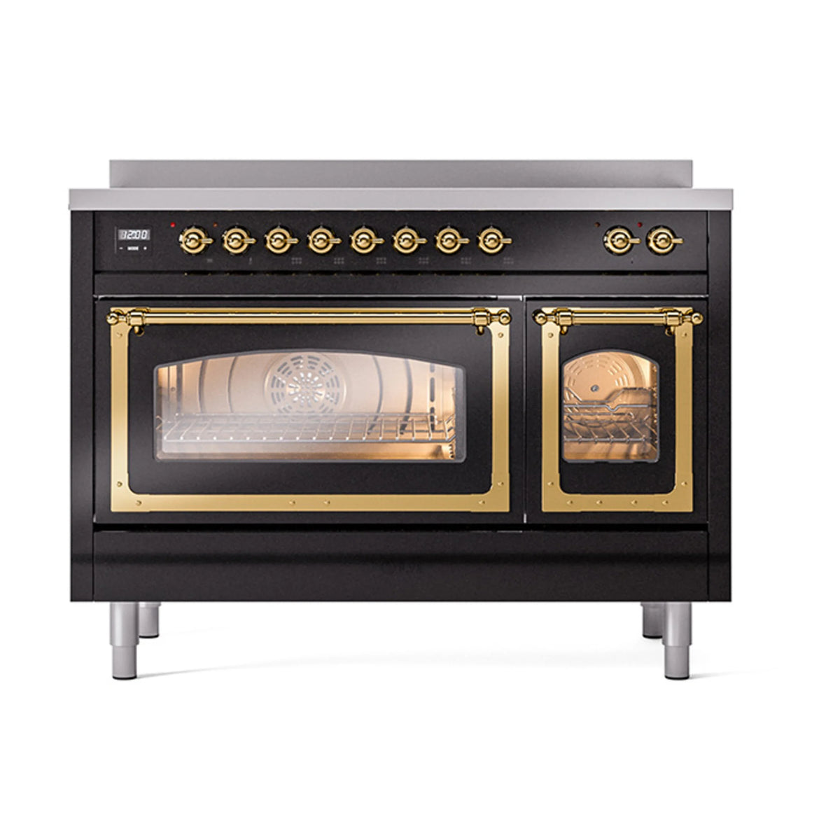 ILVE Nostalgie II Noblesse 48-Inch Induction Range, Triple Glass Door, Glossy Black with Brass Trim (UNI486NMPBKG)