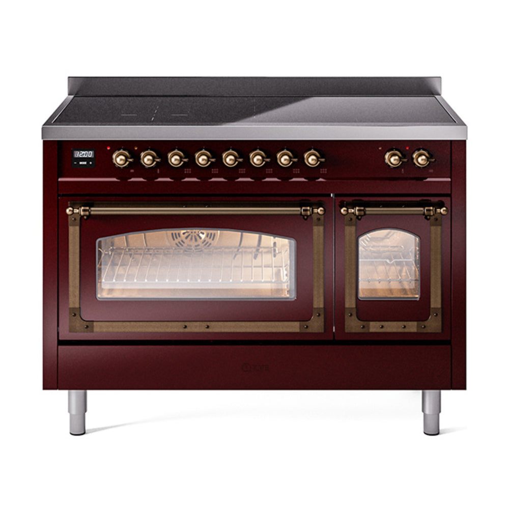 ILVE Nostalgie II Noblesse 48-Inch Induction Range, Triple Glass Door, Burgundy with Burnished Bronze Trim (UNI486NMPBUB)