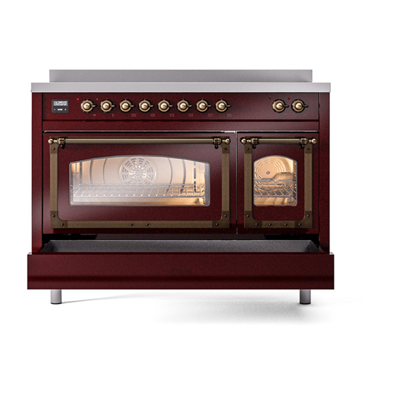 ILVE Nostalgie II Noblesse 48-Inch Induction Range, Triple Glass Door, Burgundy with Burnished Bronze Trim (UNI486NMPBUB)