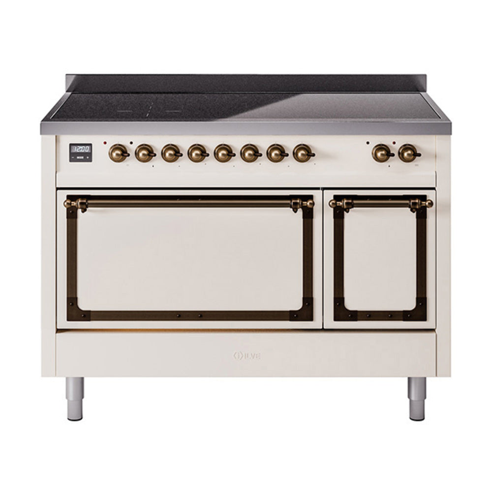 ILVE Nostalgie II Noblesse 48-Inch Induction Range, Solid Door, Antique White with Burnished Bronze Trim (UNI486QNMPAWB)