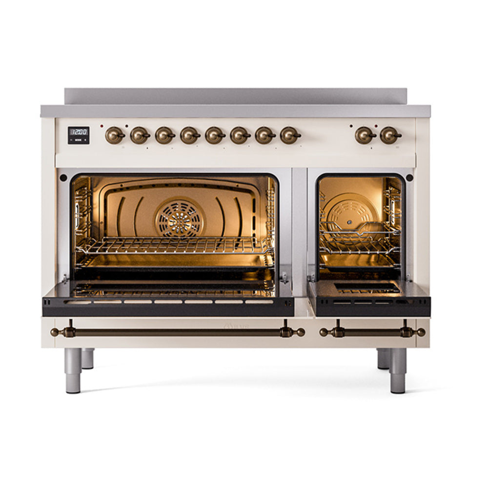 ILVE Nostalgie II Noblesse 48-Inch Induction Range, Solid Door, Antique White with Burnished Bronze Trim (UNI486QNMPAWB)